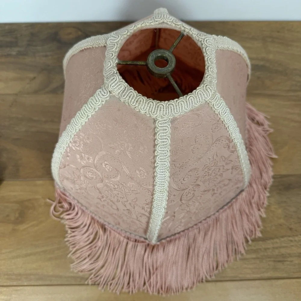 Vtg Victorian Fringed Lamp Shade Only Art Nouveau Brocade Panels Scalloped Edge